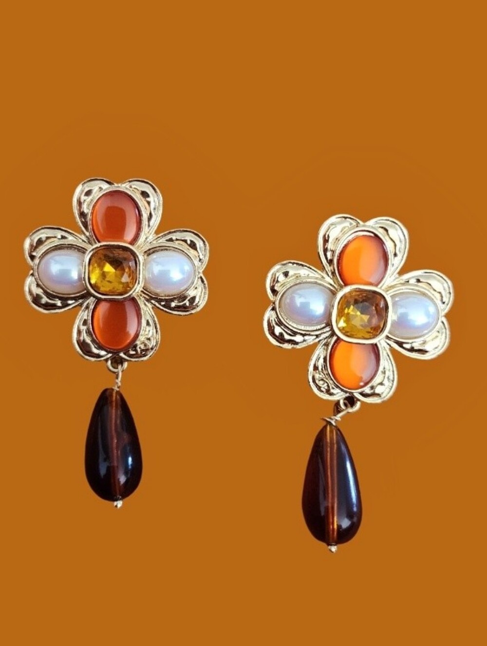 Vintage Gold Flower Drop Earrings with Orange And Brown Accents